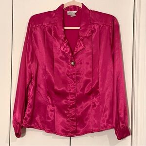Vintage 80s 90s Hot Pink Fuchsia Shiny Pleated Collared Blouse w/Shoulder Pads L